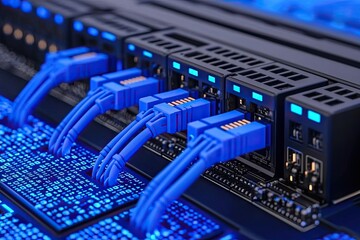 Data transfer action in server room technology infrastructure digital environment close-up viewpoint
