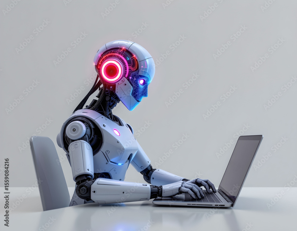 Poster robotic programmer working on laptop modern office digital technology indoor side view innovation in