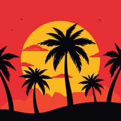 Summer Tropical sunset, silhouette palm trees on sunset background Tropical sunset illustration