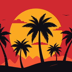 Tropical sunset, palm trees on sunset background illustration
