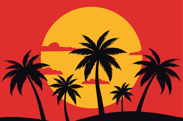 Summer Tropical sunset, silhouette palm trees on sunset background