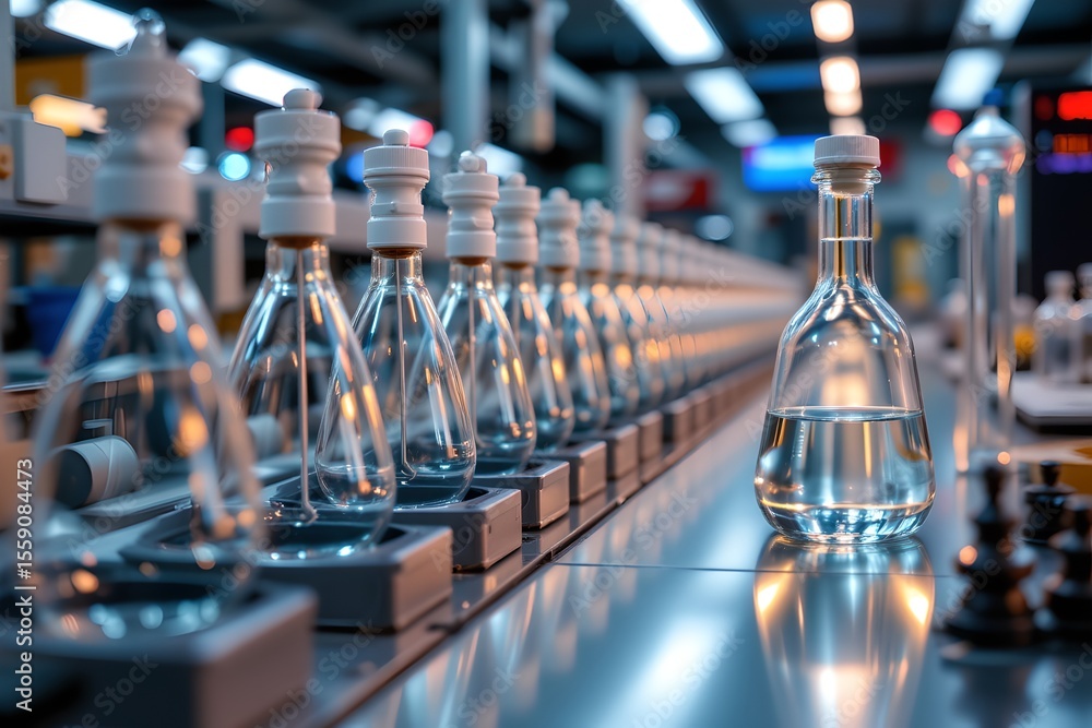 Poster laboratory experiment setup science lab glassware arrangement industrial environment close-up view r