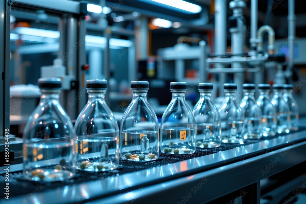 Poster production of clear bottles in a high-tech laboratory industrial setting modern environment close-up