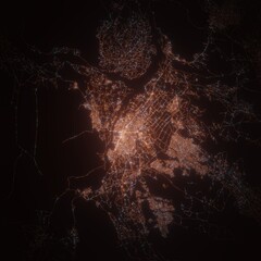 Jelalabad (Afghanistan) night view with street lights. Aerial shot from space. top view heading east