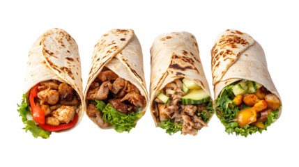 Four delicious grilled chicken or meat shawarma wraps filled with vegetables are presented side by side isolated on transparent background for menus.