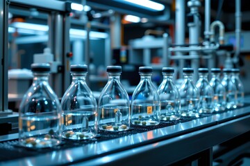 Naklejka premium Production of clear bottles in a high-tech laboratory industrial setting modern environment close-up view