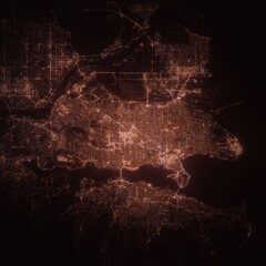 Vancouver (Canada) night view with street lights. Aerial shot from space. top view heading south, . 3d render, Illustration