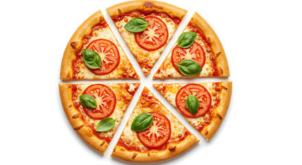 Flat lay of a Margherita pizza sliced into eight equal parts, thin crust with basil and tomato, PNG on white.