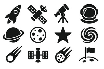 12 black space icons. Solid vector for astronomy, exploration, and cosmic design.