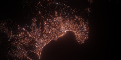 Valparaiso (Chile) night view with street lights. Aerial shot from space. top view heading south, . 3d render, Illustration