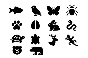 Black set of 12 wildlife icons. Minimal vector for natural habitats and biodiversity.