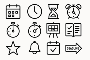 12 black time icons. Solid vector for schedule, planning, and productivity.