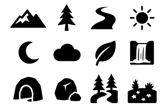 Black set of 12 landscape icons. Minimal vector for adventure, travel, and exploration.