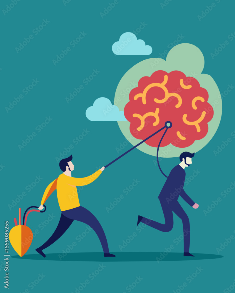 Poster the minds rational side trying to overpower its impulsive side creating a cognitive tugofwar.. vecto