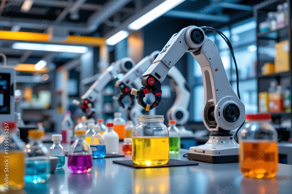 Poster robotic automation in chemistry lab advanced experiments modern facility colorful solutions scientif