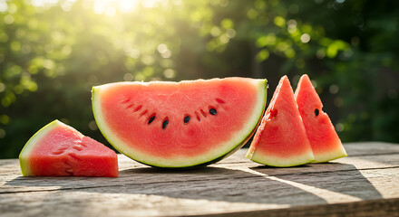 Sliced watermelon on a wooden table in the backyard, sunlight hitting the red pulp, seeds glistening.