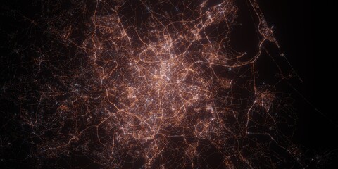 Montpellier (France) night view with street lights. Aerial shot from space. top view heading east, 