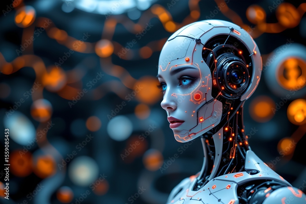 Aufkleber futuristic robot portrait high-tech laboratory digital art sci-fi environment close-up view artifici