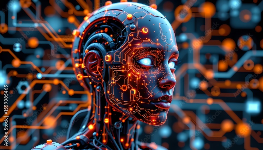 Aufkleber exploring ai evolution futuristic robot head digital environment high-tech concept close-up view