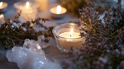 Close-up of thyme sprigs surrounded by smooth crystals and candlelight in tones of lavender cream and moss green
