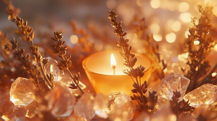 Close-up of thyme sprigs surrounded by smooth crystals and candlelight in tones of warm gold soft orange and blush pink