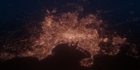 Dublin (Ireland) night view with street lights. Aerial shot from space. perspective view heading west, . 3d render, Illustration