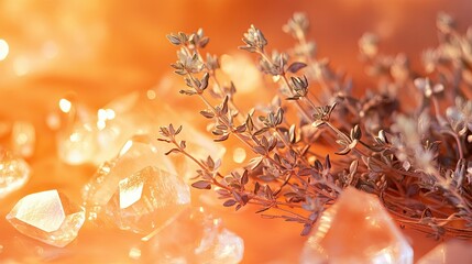 Close-up of thyme sprigs surrounded by smooth crystals and candlelight in tones of warm gold soft orange and blush pink