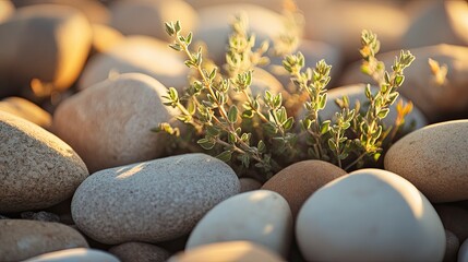 Close-up of thyme sprigs surrounded by sunlight and river stones in tones of earth brown sage and ivory