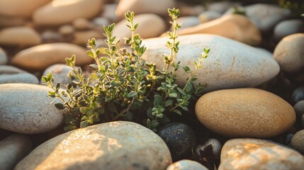 Close-up of thyme sprigs surrounded by sunlight and river stones in tones of earth brown sage and ivory