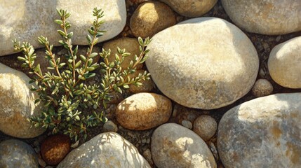 Close-up of thyme sprigs surrounded by sunlight and river stones in tones of earth brown sage and ivory