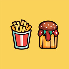 Fast-food stickers. Cartoon junk food snack labels, unhealthy meal with French fries pizza burger sandwich hot dog ice cream food, restaurant menu elements