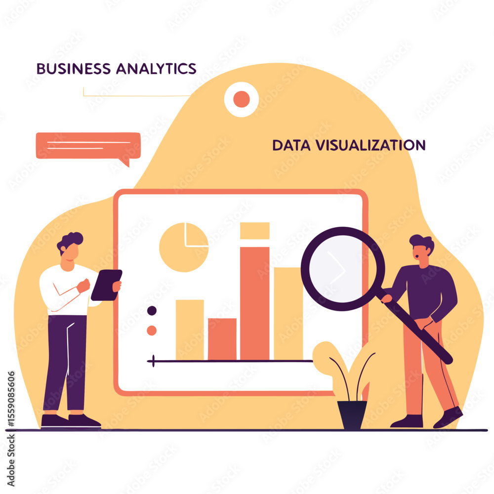 Poster business analytics and data visualization with people and charts
