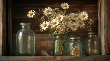 Close-up of wild daisies surrounded by glass jars and wood textures in tones of earth brown sage and ivory