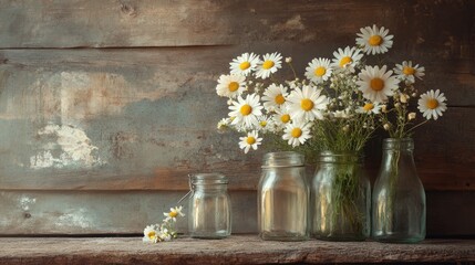 Close-up of wild daisies surrounded by glass jars and wood textures in tones of earth brown sage and ivory