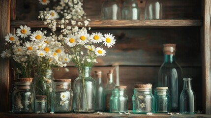 Close-up of wild daisies surrounded by glass jars and wood textures in tones of earth brown sage and ivory