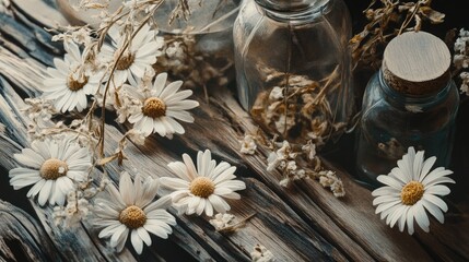 Close-up of wild daisies surrounded by glass jars and wood textures in tones of earth brown sage and ivory