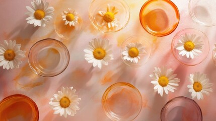 Close-up of wild daisies surrounded by misted glass and ceramic bowls in tones of warm gold soft orange and blush pink