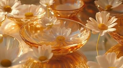 Close-up of wild daisies surrounded by misted glass and ceramic bowls in tones of warm gold soft orange and blush pink
