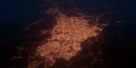 Tabriz (Iran) night view with street lights. Aerial shot from space. perspective view heading west, . 3d render, Illustration