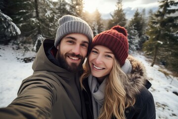 Smiling couple taking a selfie while enjoying a snowy winter vacation in a beautiful forest