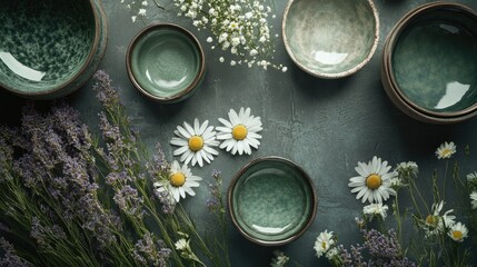 Close-up of wild daisies surrounded by misted glass and ceramic bowls in tones of lavender cream and moss green
