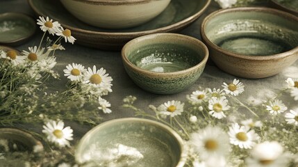 Close-up of wild daisies surrounded by misted glass and ceramic bowls in tones of lavender cream and moss green