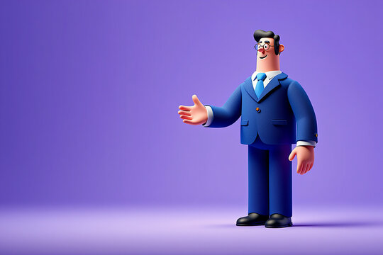 Friendly cartoon businessman offering a handshake on a purple background