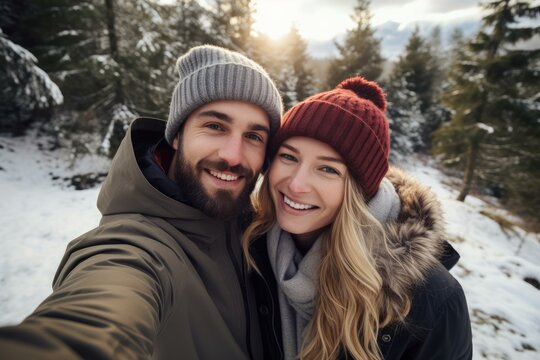 Smiling couple taking a selfie while enjoying a snowy winter vacation in a beautiful forest