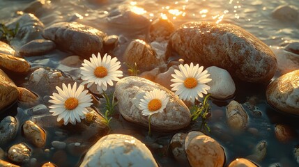 Close-up of wild daisies surrounded by sunlight and river stones in tones of earth brown sage and ivory
