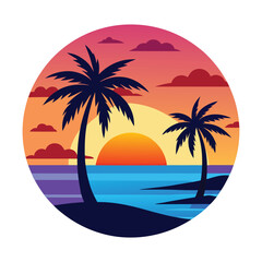 Obraz premium Stunning Sunset Beach Scene Palm Trees Ocean View