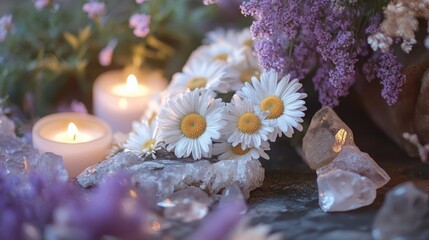 Close-up of wild daisies surrounded by smooth crystals and candlelight in tones of lavender cream and moss green