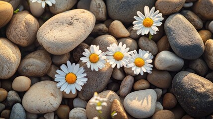 Close-up of wild daisies surrounded by sunlight and river stones in tones of earth brown sage and ivory