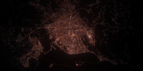 Kingston (Jamaica) night view with street lights. Aerial shot from space. top view heading north, 