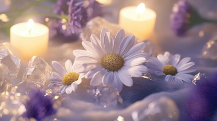Close-up of wild daisies surrounded by smooth crystals and candlelight in tones of lavender cream and moss green